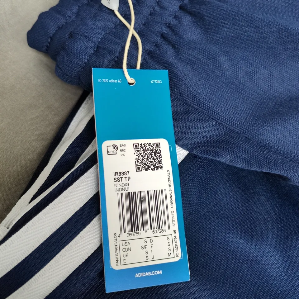 ADIDAS ORIGINALS NAVY TRACK PANTS WITH WHITE SIDE STRIPES – UK SIZE S