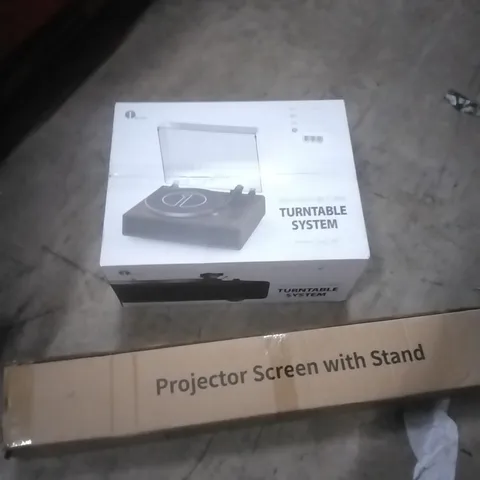 PALLET OF ASSORTED ITEMS TO INCLUDE; TURNTABLE SYSTEM, PROJECTOR SCREEN WITH STAND 