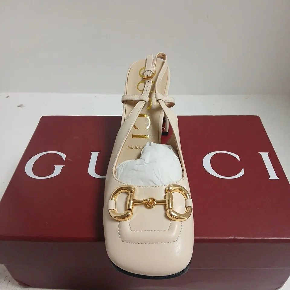 BOXED PAIR OF GUCCI HORSEBIT LEATHER SANDALS – CREAM/NAPPA SILK, UK 6