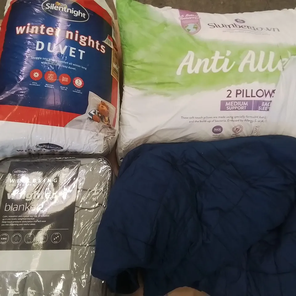LARGE BOX OF ASSORTED DUVETS, WEIGHTED BLANKETS AND PILLOWS