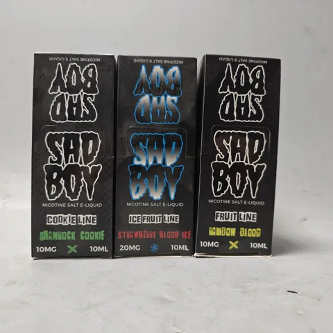 BOX OF APPROXIMATELY 15 ASSORTED SAD BOY E-LIQUID PRODUCTS TO INCLUDE - FRUIT LINE RAINBOW BLOOD , ICE FRUIT LINE STRAWBERRY BLOOD ICE , COOKIE LINE SHAMROCK COOKIE
