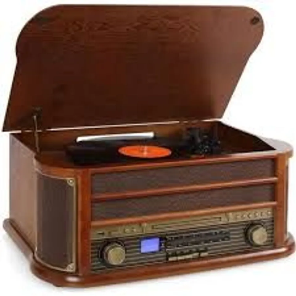 RETRO VINYL TURNTABLE STEREO SPEAKER RECORD PLAYER PORTABLE RADIO CD BROWN