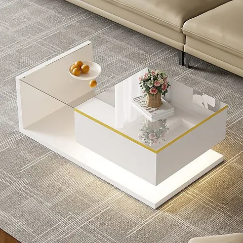 BOXED HIGH-GLOSS WHITE 90CM COFFEE TABLE WITH TEMPERED GLASS TOP & MULTI-COLOUR LED LIGHTING