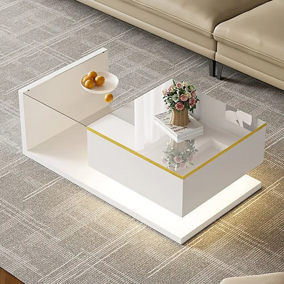 BOXED HIGH-GLOSS WHITE 90CM COFFEE TABLE WITH TEMPERED GLASS TOP & MULTI-COLOUR LED LIGHTING