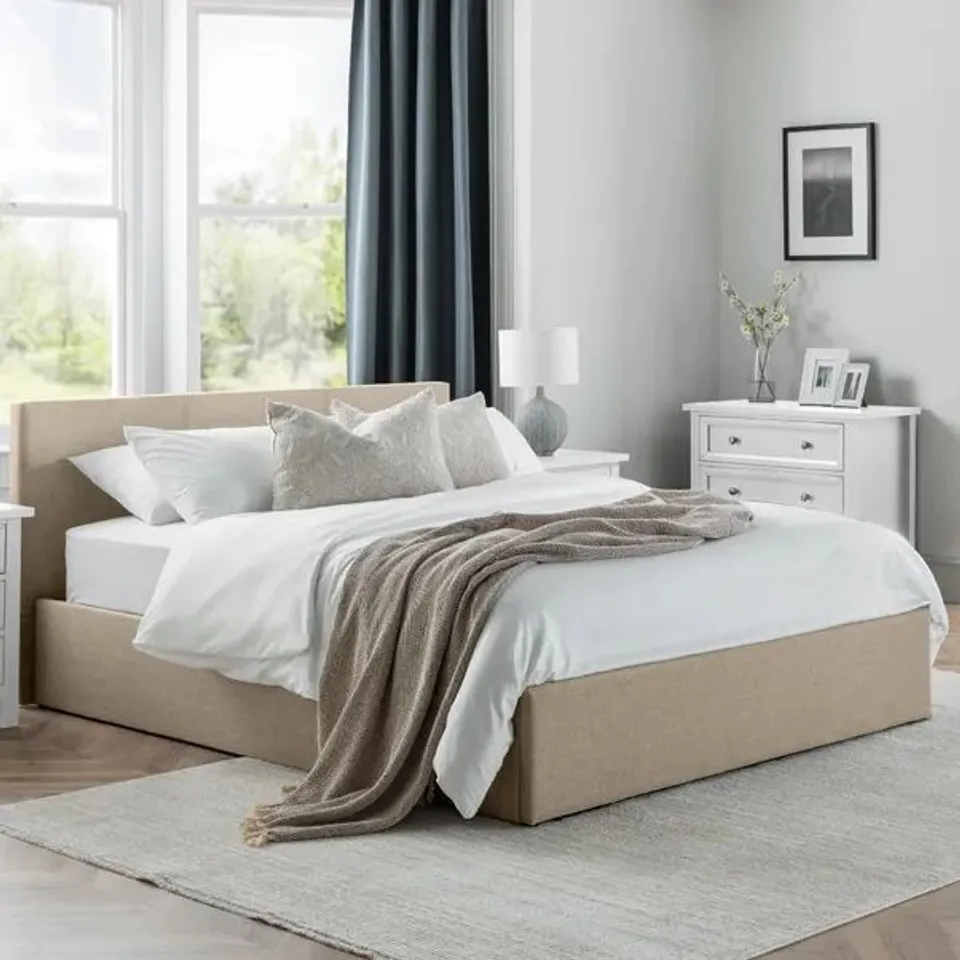 BOXED JULIAN BOWEN RIALTO 135cm OTTOMAN LIFT-UP STORAGE BED - OATMEAL (2 BOXES)