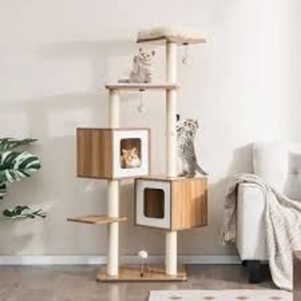 BOXED COSTWAY NATURAL WOODEN CAT TREE TOWER WITH SISAL SCRATCHING POSTS