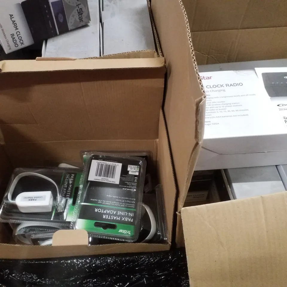 PALLET CONTAINING ASSORTED ELECTRICAL PRODUCTS INCLUDING PABX MASTER IN-LINE ADAPTERS & ALARM CLOCK RADIOS