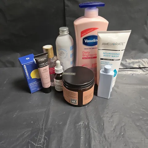 APPROXIMATEY 20 ASSORTED HEALTH AND BEAUTY PRODUCTS TO INCLUDE - AMELIORATE BODY WASH - VASELINE EVEN TONE LOTION - OLEHENRIKSEN LEMONADE SOOTHING SCRUB - ETC