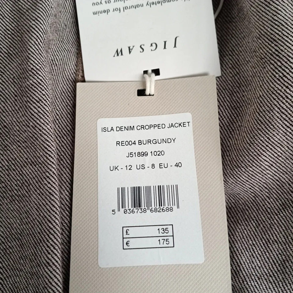 JIGSAW ISLA DENIM CROPPED JACKET, BURGUNDY, UK 12 (US 8 / EU 40)