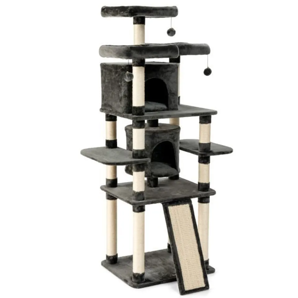 BOXED COSTWAY CAT TREE CONDO WTH SCRATCHING POLES AND BOARD - DARK GREY