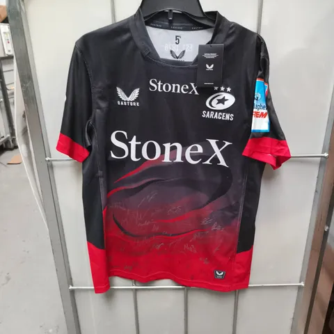 SARACENS CASTORE RUGBY SHIRT – AUTOGRAPHED, STONEX SPONSOR UK M