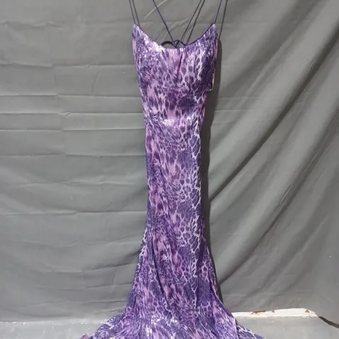 PANOPLY OPEN BACK TIE SLIM FIT DRESS IN SEQUIN LEOPARD PRINT PURPLE - SIZE 6