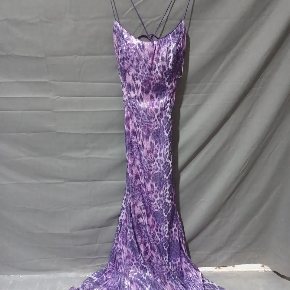 PANOPLY OPEN BACK TIE SLIM FIT DRESS IN SEQUIN LEOPARD PRINT PURPLE - SIZE 6
