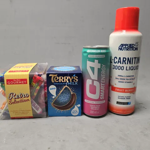 APPROXIMATELY 12 ASSORTED FOOD & DRINK ITEMS TO INCLUDE - C4 , TERRYS MILK CHOCOLATE , RETRO SWEET SELECTION ETC