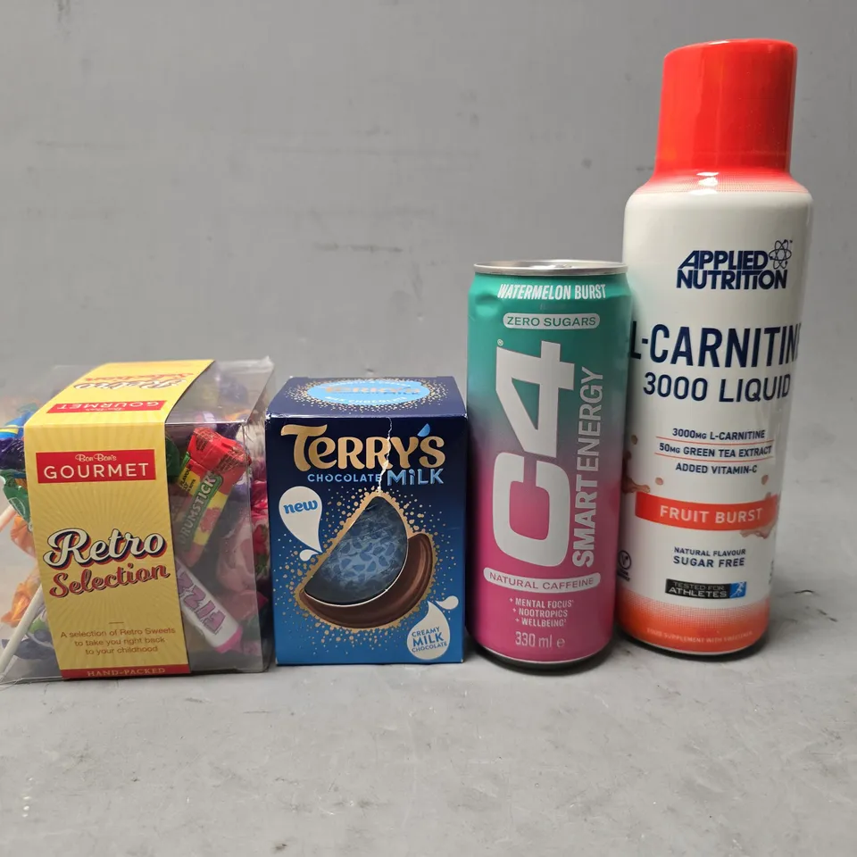 APPROXIMATELY 12 ASSORTED FOOD & DRINK ITEMS TO INCLUDE - C4 , TERRYS MILK CHOCOLATE , RETRO SWEET SELECTION ETC