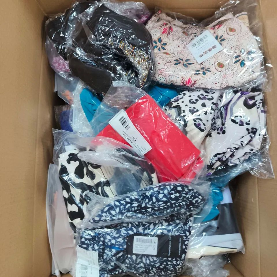 LARGE BOX OF ASSORTED CLOTHING ITEMS IN VARIOUS COLORS , SIZES AND STYLES
