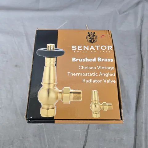 SENATOR BRUSHED BRASS CHELSEA VINTAGE THERMOSTATIC ANGLED RADIATOR VALVE – BOXED