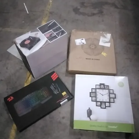 PALLET OF HOUSEHOLD ITEMS TO INCLUDE TURNTABLE SYSTEM, KEYBOARD, WALL CLOCK,SENSORY CHAIR AND OTHER ASSORTED ITEMS...