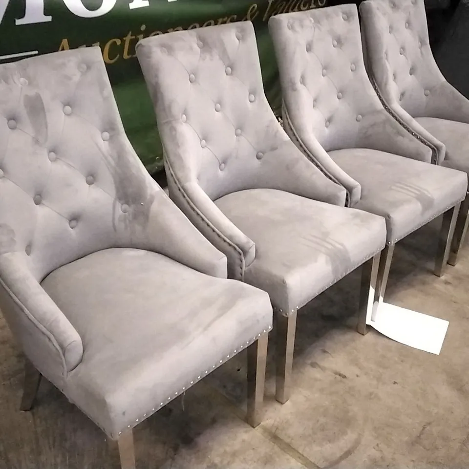 SET OF 4 PLUSH GREY FABRIC BUTTONBACK STUDDED DINING CHAIRS WITH CHROME LEGS