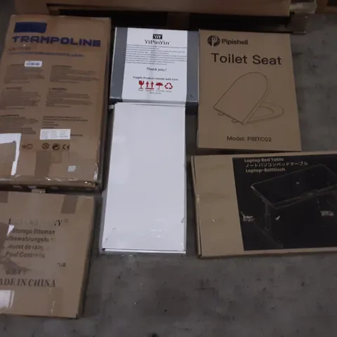 PALLET OF ASSORTED PRODUCTS INCLUDING PIPISHELL TOILET SEAT, BRIAN&DANY STORAGE OTTOMAN, LAPTOP BED TABLE, LOLA TRAMPOLINE, AIR COOLER, TIMELIKE WALL CLOAK