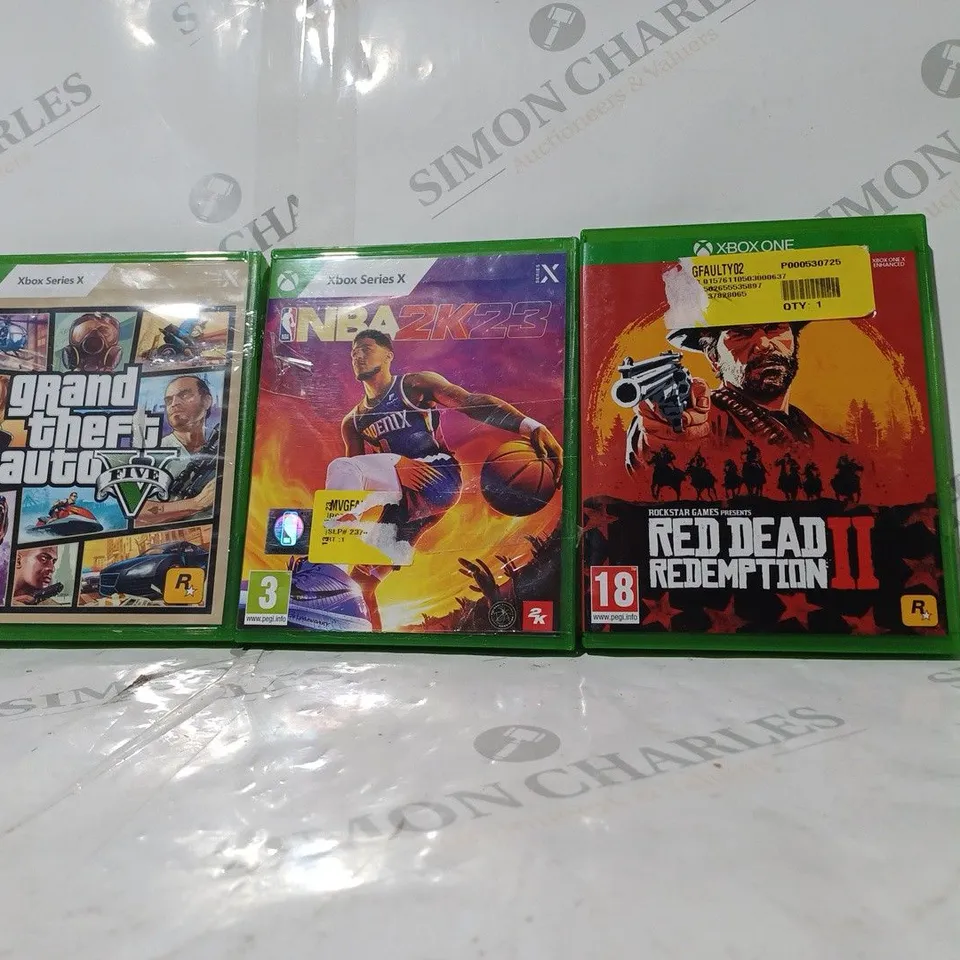 3 ASSORTED XBOX ONE GAMES TO INCLUDE: GRAND THEFT AUTO V, NBA 2K23 & RED DEAD REDEMPTION 2