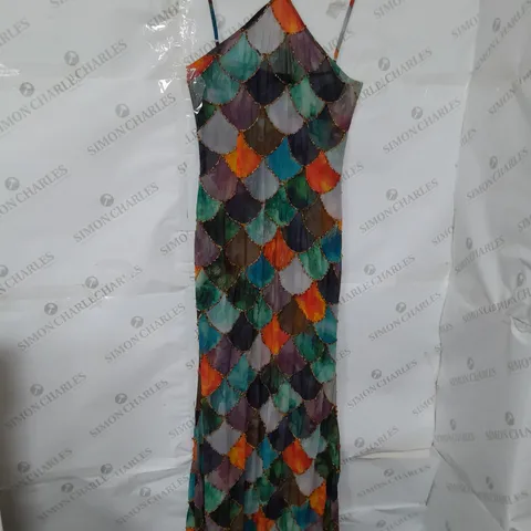 KILENTAR HALTERNECK SHEER MULTICOLOURED BEADED SCALE DESIGN MAXI DRESS