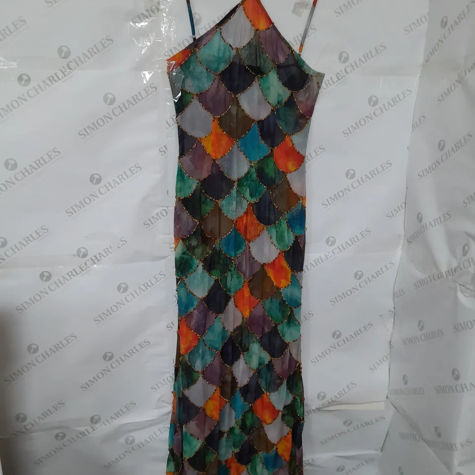 KILENTAR HALTERNECK SHEER MULTICOLOURED BEADED SCALE DESIGN MAXI DRESS