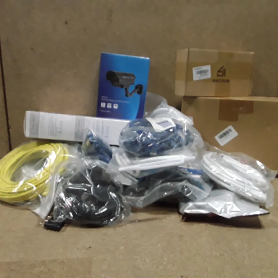 LOT TO CONTAIN ASSORT MENT OF ITEMS TO INCLUDE HDMI CABLES DUMMY CAMERA CHICKEN FEEDER 