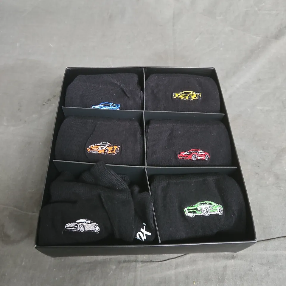 SOXBOX SPEED SOCKS – CAR-EMBROIDERED BLACK SIX-PACK