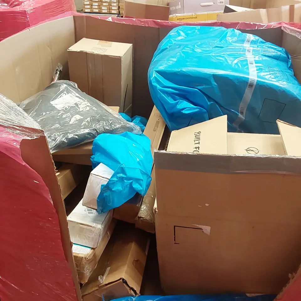 PALLET OF ASSORTED HOUSEHOLD GOODS AND PRODUCTS TO INCLUDE; EXCAVATOR TOY, FULL BODY ANALYSER, BABY GATES, BOXED FURNITURE ETC 