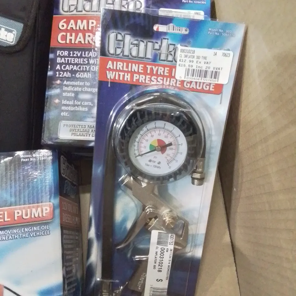 BOX OF MIXED TOOLS TO INCLUDE: TYRE PRESSURE GAUGE, TYRE INFLATOR, OIL AND DIESEL PUMP ETC.