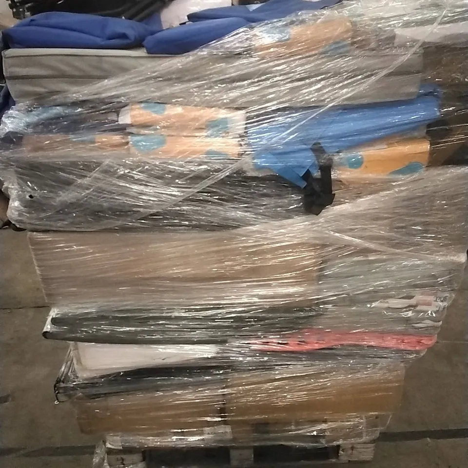 PALLET CONTAINING A LARGE QUANTITY OF ASSORTED HOUSEHOLD GOODS WHICH INCLUDE; SUITCASES, PARASOL BASES, FOLDING CHAIRS, CAMPING CHAIRS ETC