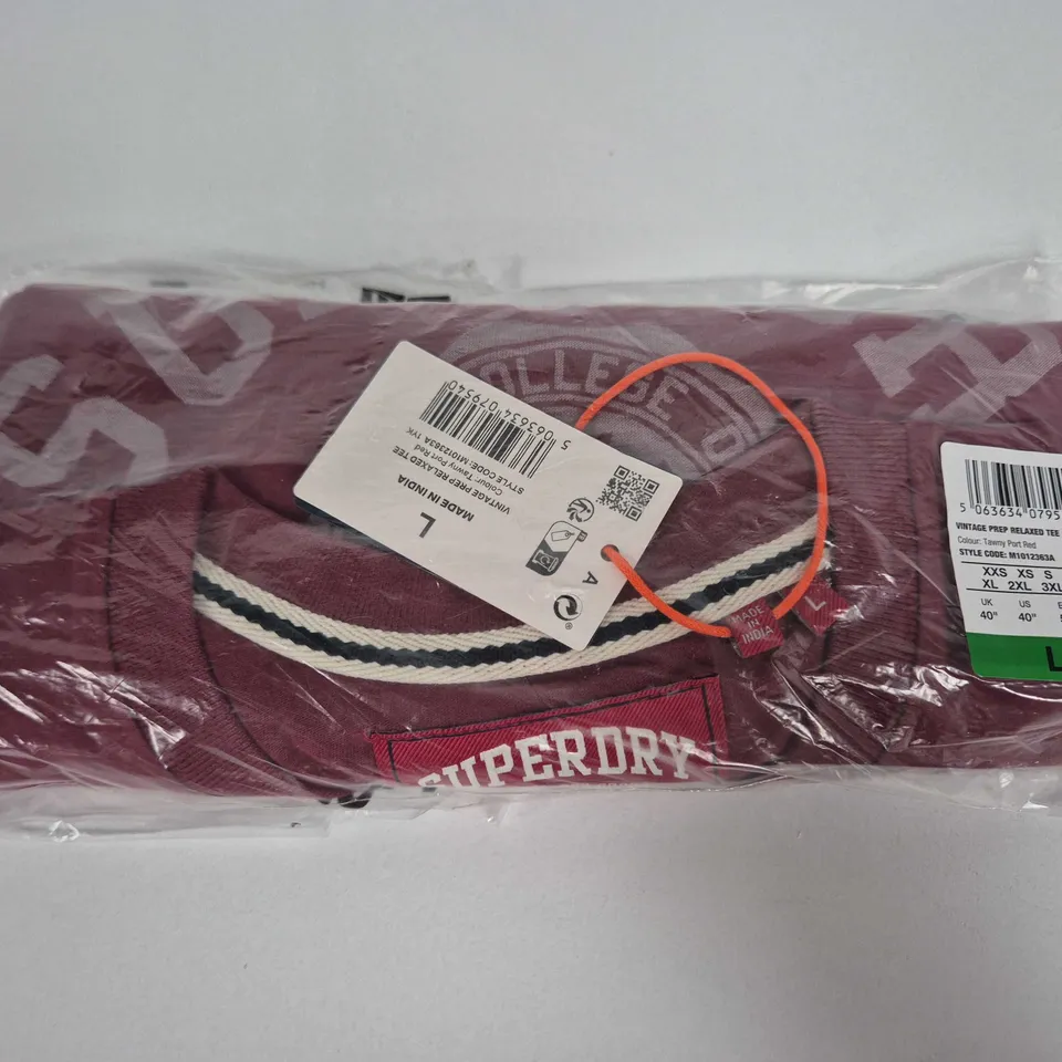 SUPER DRY VINTAGE PREP RELAXED TEE – TAWNY PORT RED, UK 40 (EU 50 / US 40), SIZE L