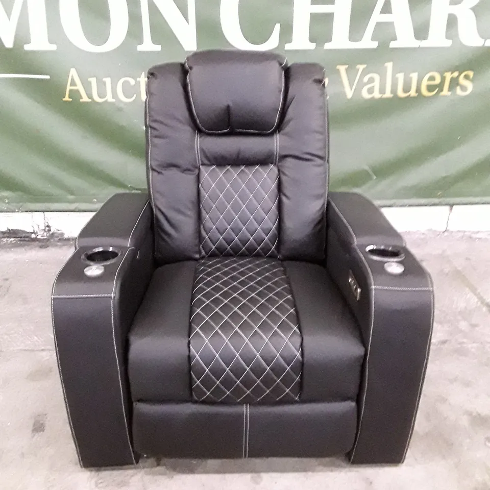 QUALITY DESIGNER ELECTRIC RECLINER ARMCHAIR WITH CUPHOLDERS - BLACK LEATHER