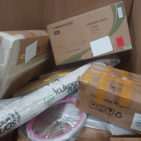 PALLET CONTAINING A VERY LARGE QUANTITY OF ASSORTED ITEMS INCLUDING: COOKER HOOD, RUG, COLLAPSIBLE WAGON ECT