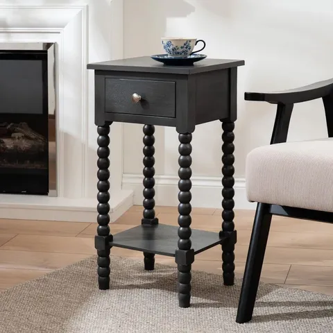BOXED GUNMETAL BLACK WOOD BOBBIN SIDE TABLE (1 BOX)