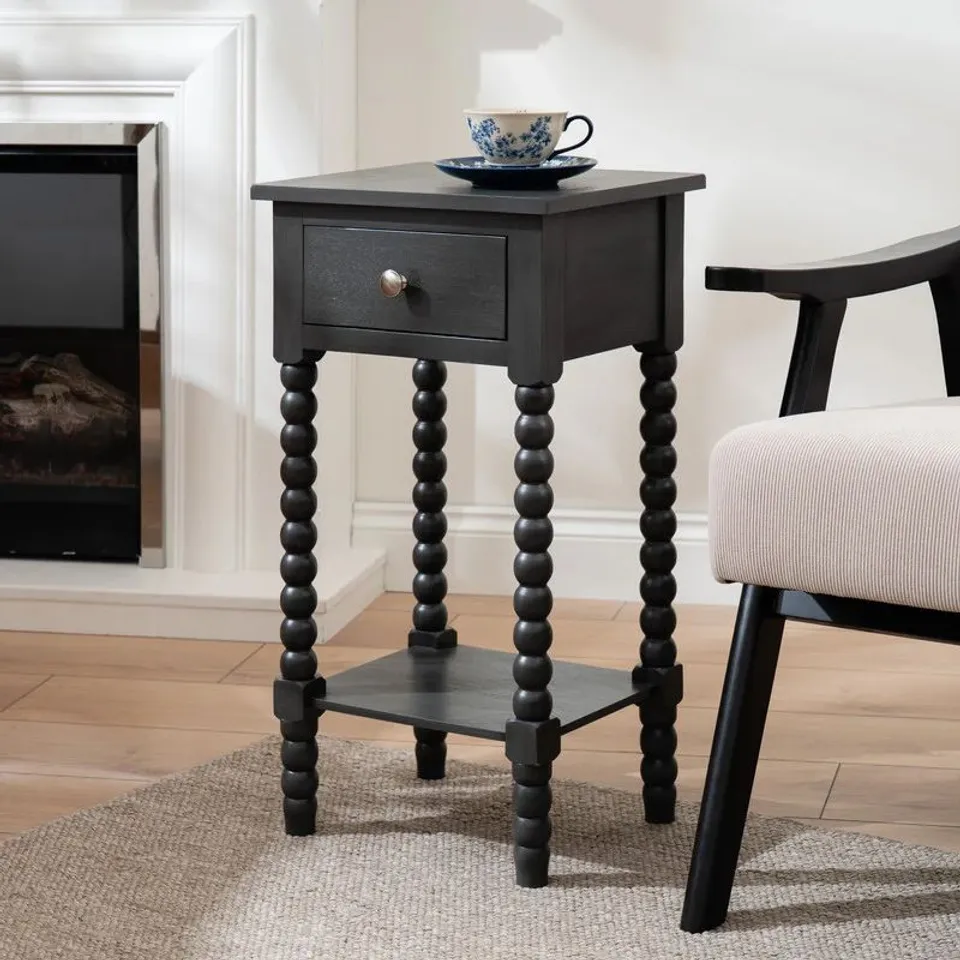 BOXED GUNMETAL BLACK WOOD BOBBIN SIDE TABLE (1 BOX)