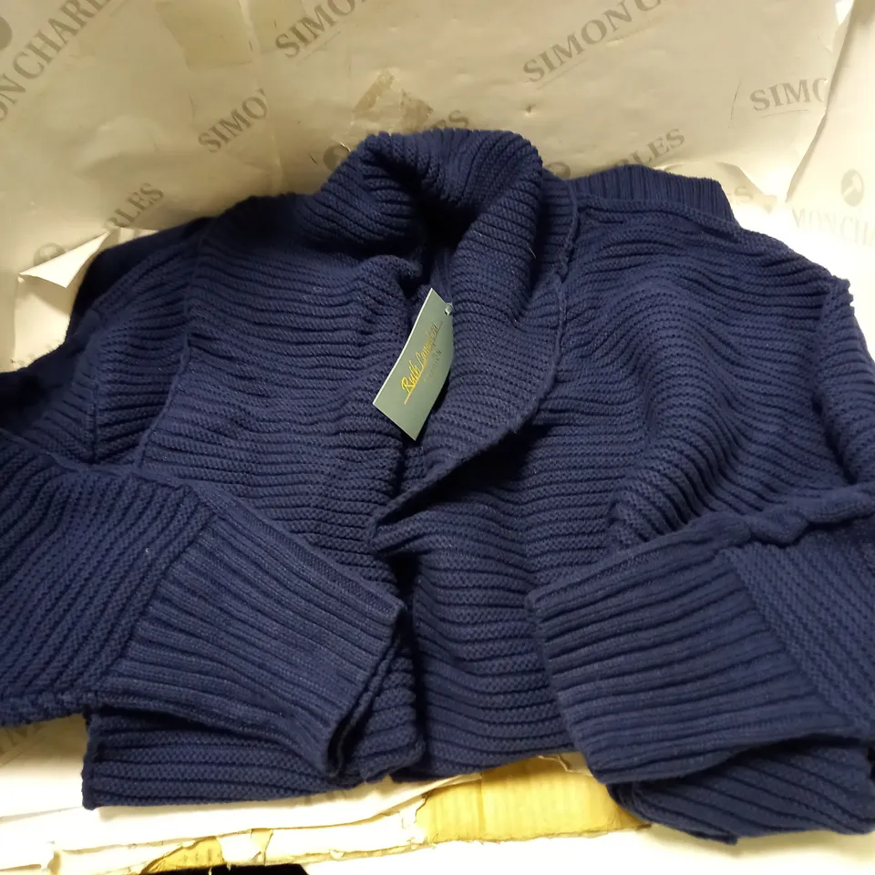RUTH LANGSFORD NAVY CABLE CARDIGAN - SIZE LARGE 