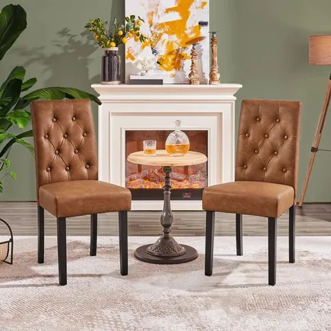 BOXED YAHEETECH SET OF 2 BUTTON BACK DINING CHAIRS - RETRO BROWN (1 BOX)