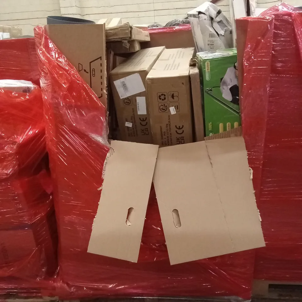 PALLET OF ASSORTED HOUSEHOLD GOODS AND PRODUCTS TO INCLUDE; STEAM CLEANER, FLATPACK FURNITURE ETC