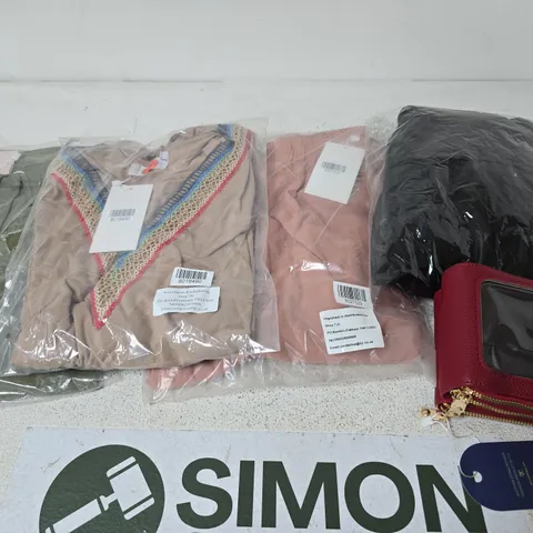BOX OF APPROX 20 ASSORTED CLOTHING ITEMS TO INCLUDE TOPS, TROUSERS, BAGS, ETC