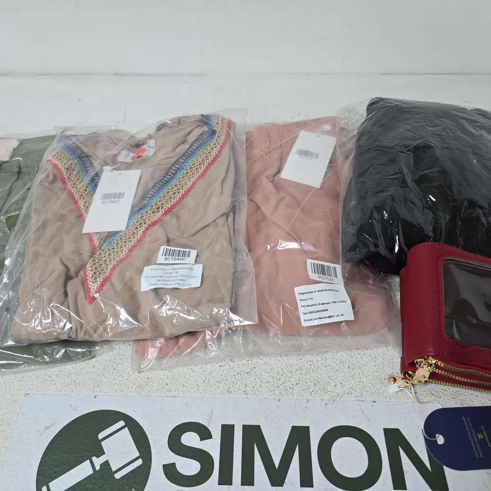 BOX OF APPROX 20 ASSORTED CLOTHING ITEMS TO INCLUDE TOPS, TROUSERS, BAGS, ETC