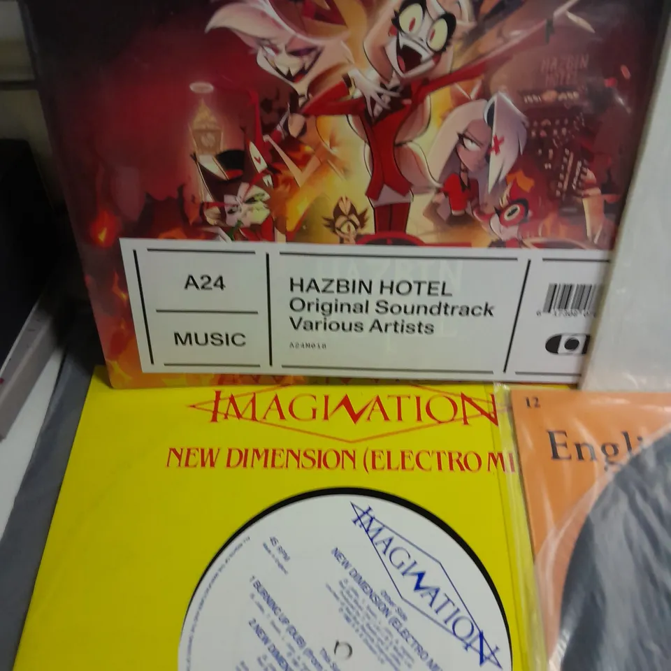 LOT OF 10 ASSORTED VINTL RECORDS TO INCLUDE HAZBIN ORIGINAL SOUNDTRACK, IMAGINATION NEW DIMENSION AND SNAKEBITE THE BIT GOES ON