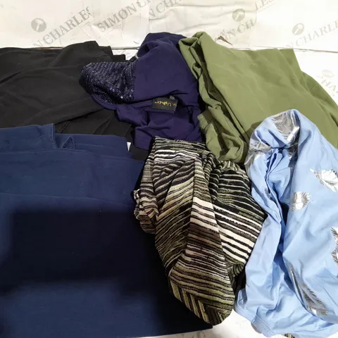 LARGE BOX OF ASSORTED CLOTHING ITEMS ALL IN DIFFRENT COLOURS AND SIZES