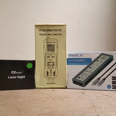 APPROXIMATELY 10 ASSORTED ELECTRICAL ITEMS TO INCLUDE SSD ENCLOSURE, SMART MULTIMETER, LASER SIGHT, ETC