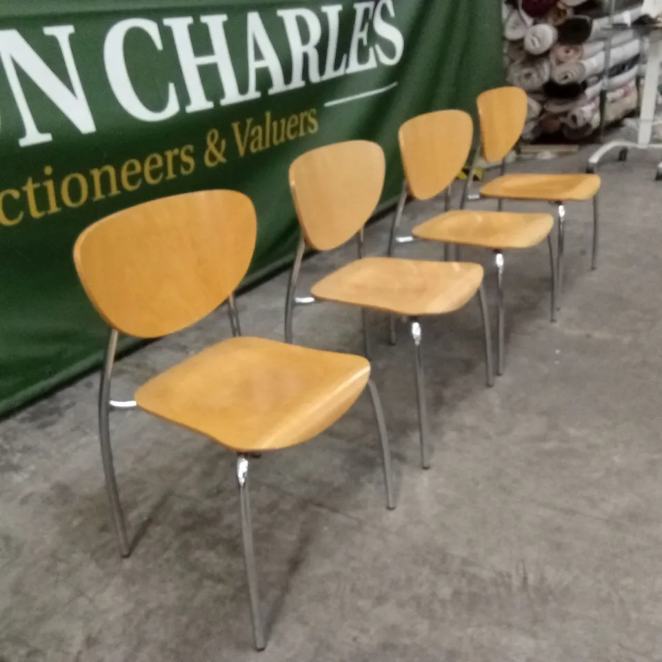 SET OF 4 STACKABLE WOOD DINING CHAIRS WITH METAL LEGS