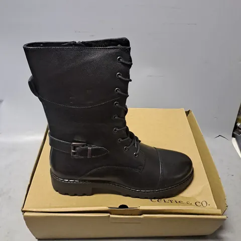 BOXED PAIR OF CELTIC & CO TALL ANKLE LACE UP BOOTS IN BLACK SIZE EU 41