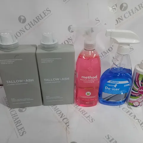 APPROXIMATELY 10 ASSORTED HOUSEHOLD ITEMS TO TALLOW +ASH CONDITIONER AND SHAMPOO, METHOD MULTISERVICE CLEANER, AND BILTEMA DE-ICER ETC.