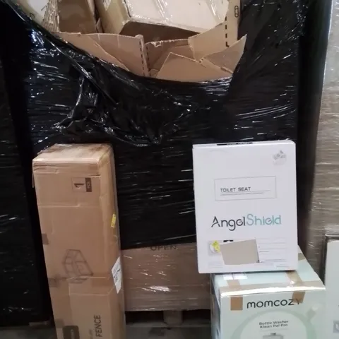 PALLET OF ASSORTED HOUSEHOLD GOODS AND PRODUCTS TO INCLUDE;BOTTLE WASHER MACHINE,PLAY FENCE,TOILET SEAT