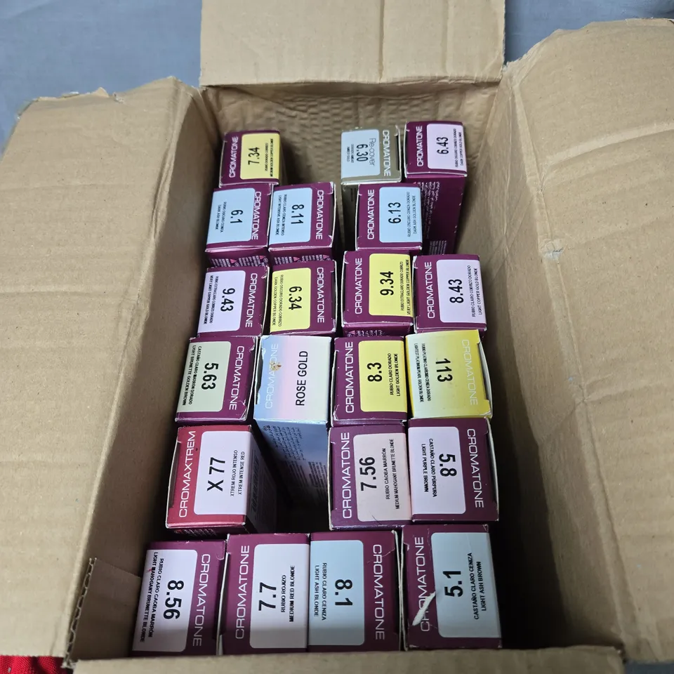 BOX OF APPROXIMATELY 20 ASSORTED HAIR CARE PRODUCTS INCLUDING CROMATONE HAIR COLOURING CREAM LIGHT GOLDEN COPPER BROWN, MONTIBELLO PLATI BLANC TONER BEIGE/METEORITES SUPERBLONDE HAIR COLOURING CREAM S